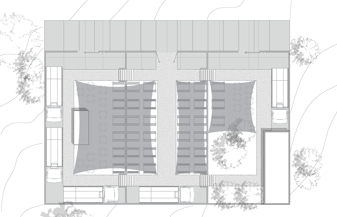 Plano arquitectónico de zona gastronómica Parque Campestre con distribución de locales, Fer Et Ciment